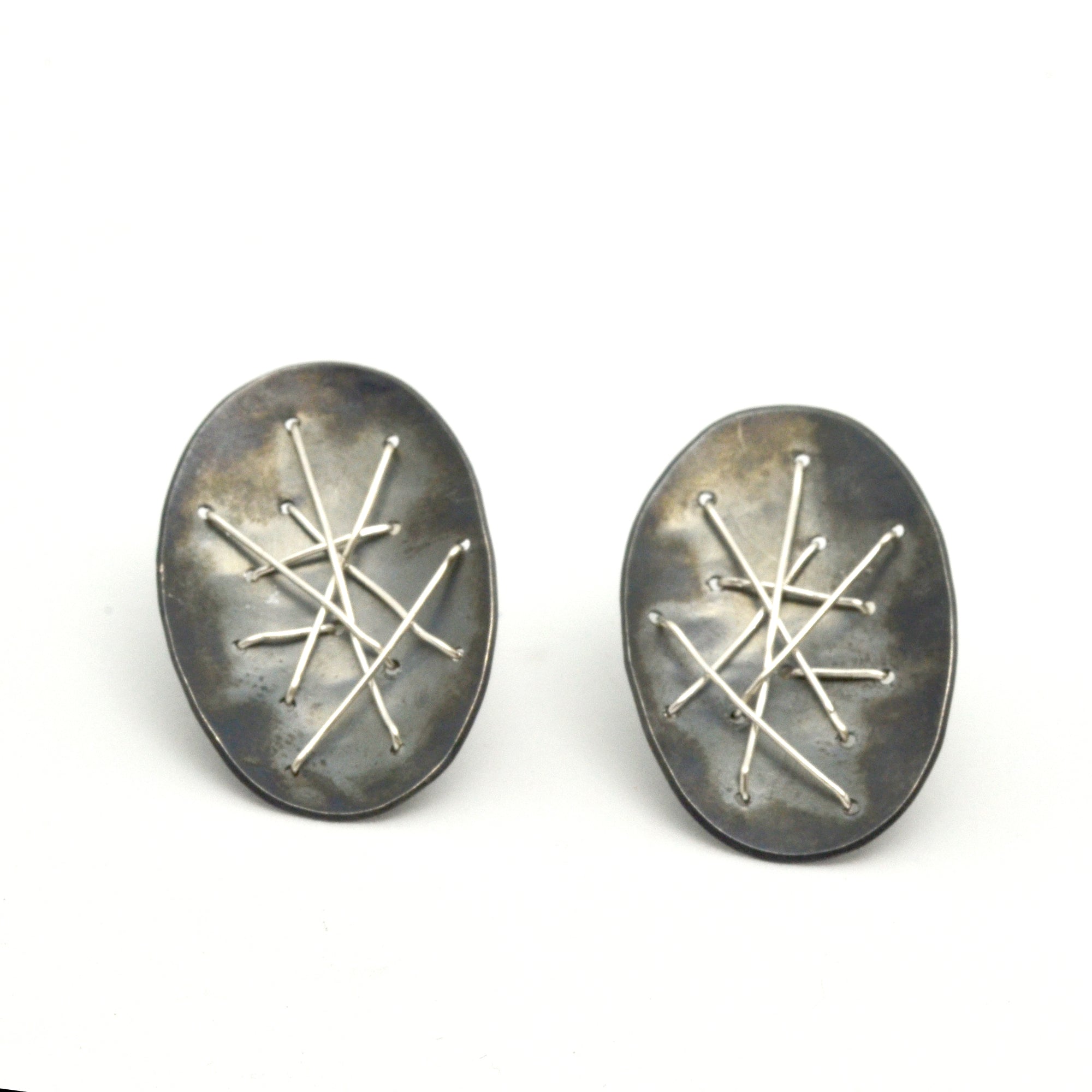 Suzanne Schwartz Freeform Oval Stitched Silver Earrings