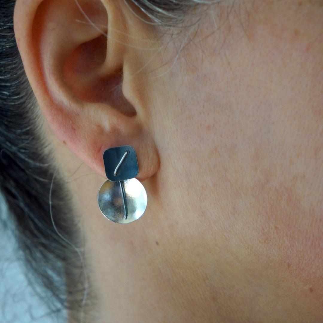 Model wearing Suzanne Schwartz Circle and Square Earrings