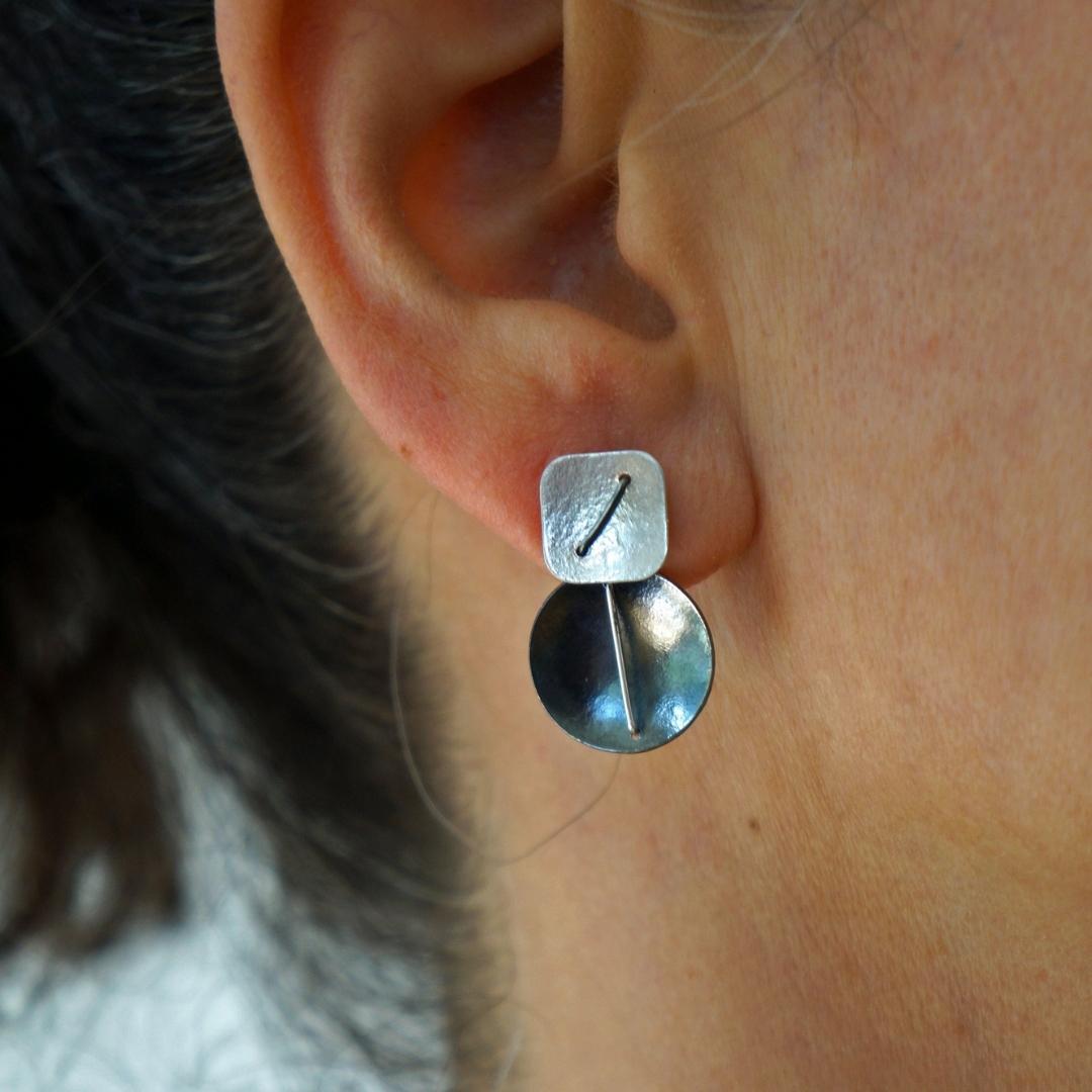 Model wearing Suzanne Schwartz Circle and Square Earring
