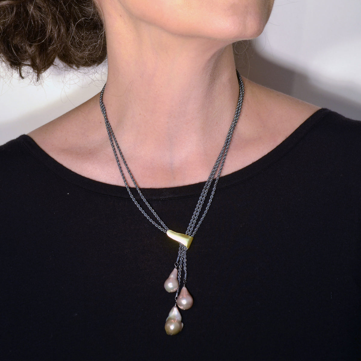 Suzanne Schwartz Wearing Three Drop Pearl Necklace