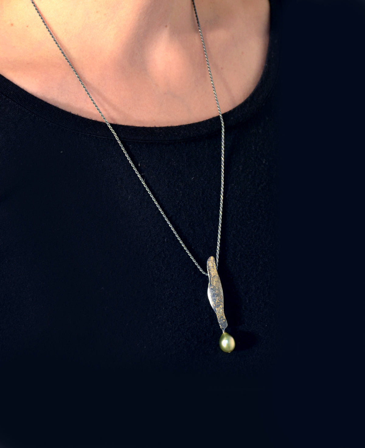 Suzanne Schwartz Wearing Drop Pearl Necklace with 22k Fused Gold and Tahitian Pearl