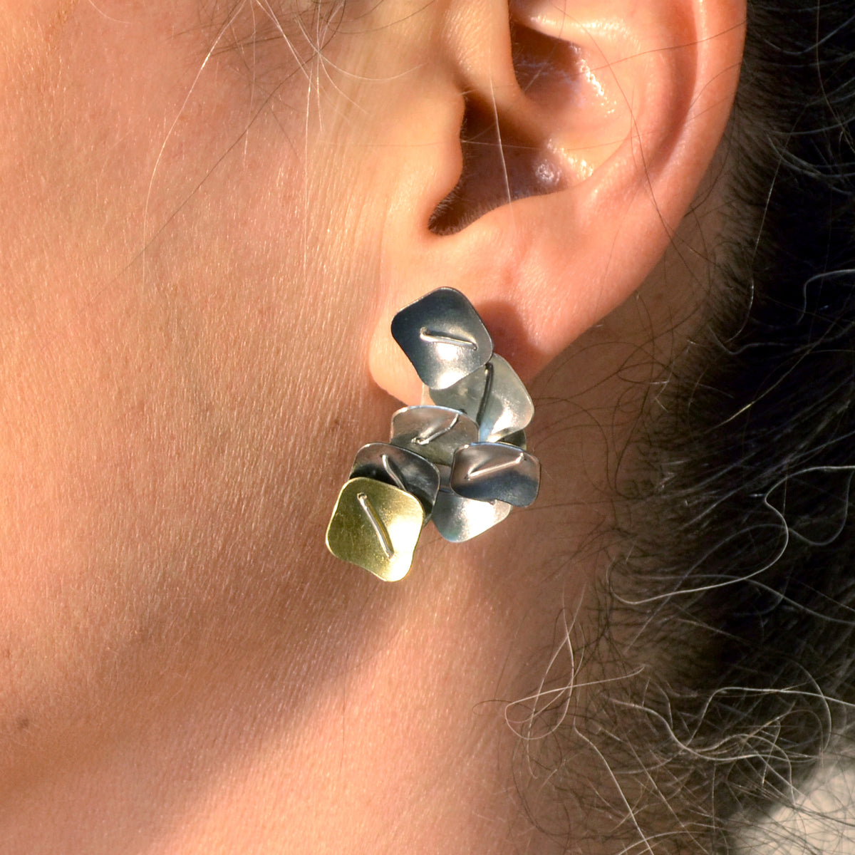Suzanne Schwartz Wearing Cluster Black and White Earring with 22k accent