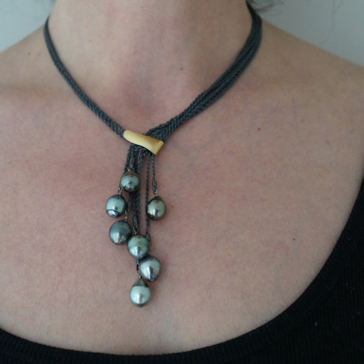 Suzanne Schwartz Wearing Seven Strand Tahitian Pearl Necklace