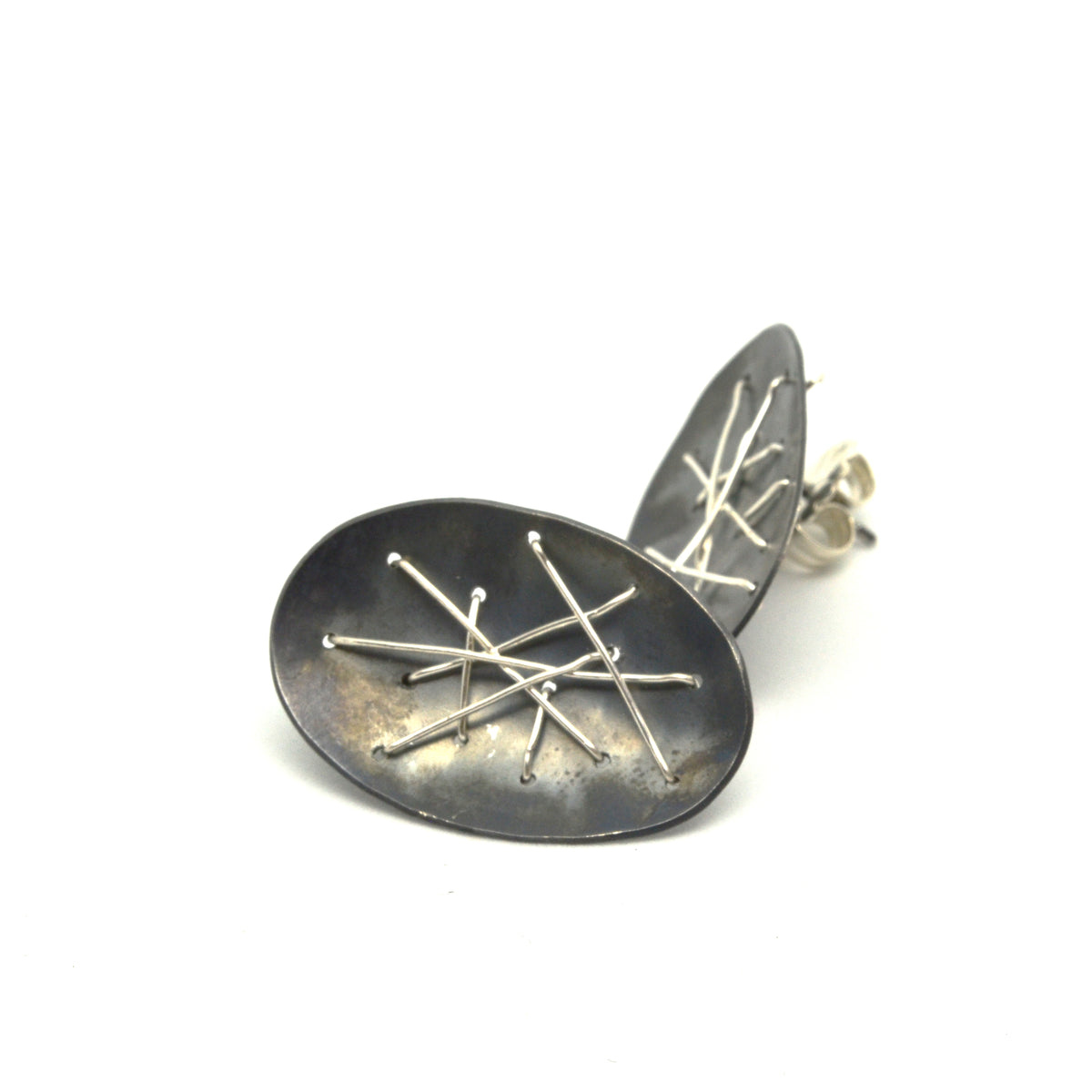 Suzanne Schwartz Freeform Oval Stitched Silver Earrings