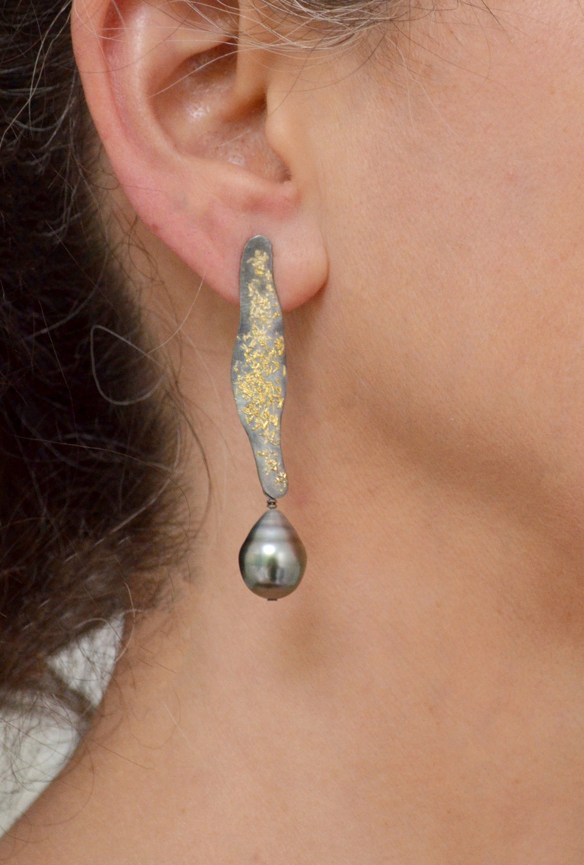 Suzanne Schwartz Wearing Long Earring with Fused 22k Gold